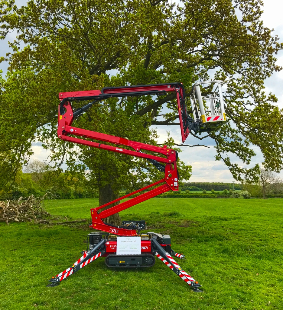 Treeculture Arb's MEWP (also known as a cherry picker) in a Lincolnshire woodland setting
